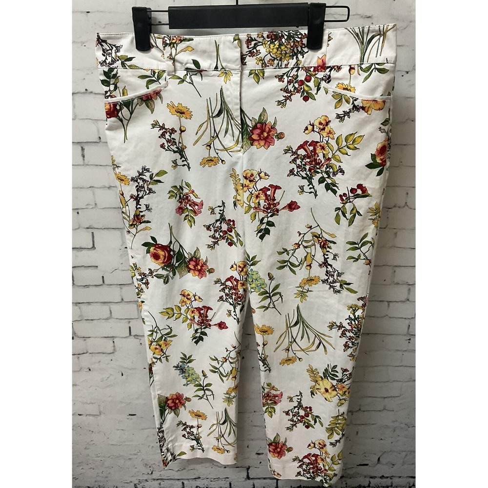 New York & Company Women White Floral Stretch Capri Pant Sz 8 Cotton 2 Pocket H1